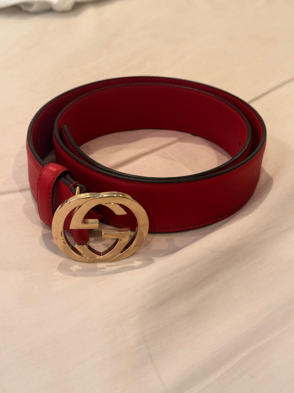 Gucci Red Leather Double G Gold Buckle Belt